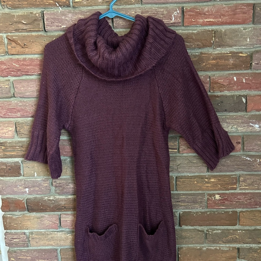 Purple Cowl Neck Sweater Dress with Three-Quarter Sleeves